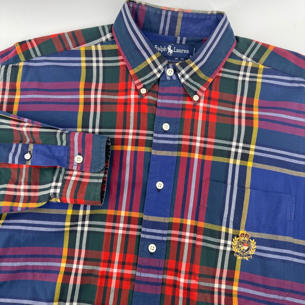 VTG Ralph Lauren Tartan Plaid Button Down Shirt Mens Large Blue Red Crest Logo